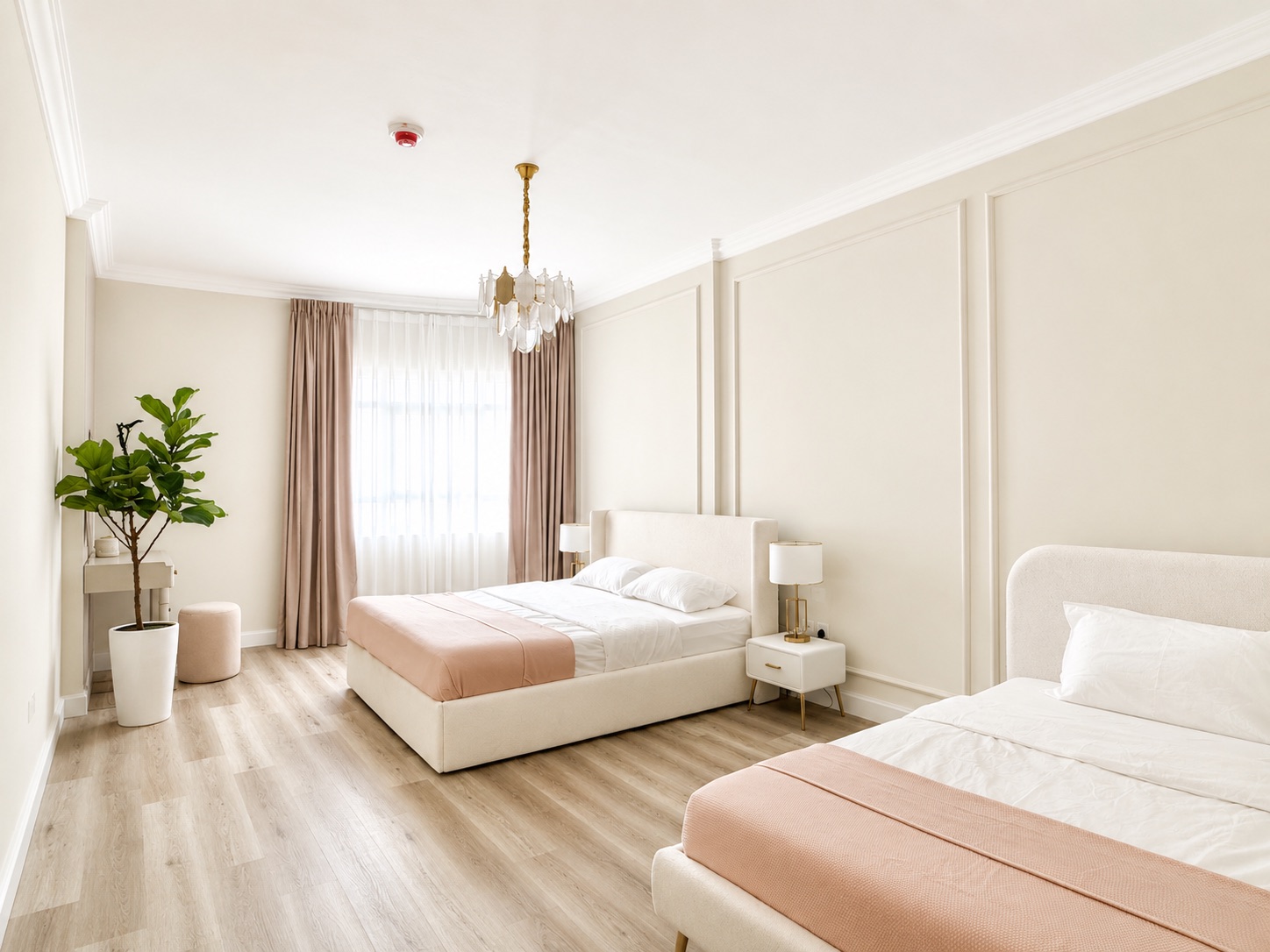 Spacious bedroom with one king bed and one single bed